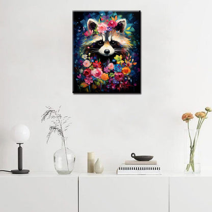 Tucocoo Raccoon Flowers Paint by Number for Adults Beginner, DIY Oil Painting Kits on Canvas with Brushes and Acrylic Pigment, Abstract Floral Cute Animal Picture for Home Decor 16x20inch (Frameless)