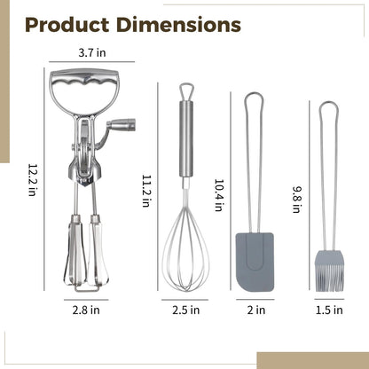 Rotary Egg Beater Set, Manual Rotating Beater with Mixer, Silicone Brush, and Spatula, Double-head Hand Push Whisk, Household Ehisk Accessories for Baking