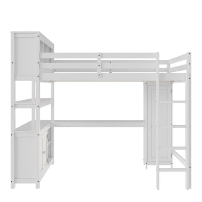 Bellemave Solid Wood Queen Size Loft Bed with Desk and Wardrobe,Loft Bed Frame with Storage Shelves and Bookcase for Kids,Teens,Adults,Queen Size,Space Saving,White