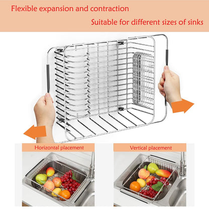 NiuYichee Stainless Steel Dish Drying Rack(15.2"L X 11"W X 5.3"H), Expandable Fruit & Vegetable Drain Rack over Sink, Dish Drainer Rack in Sink, with Stainless Steel Utensil Holder & Silicone Mat(16")