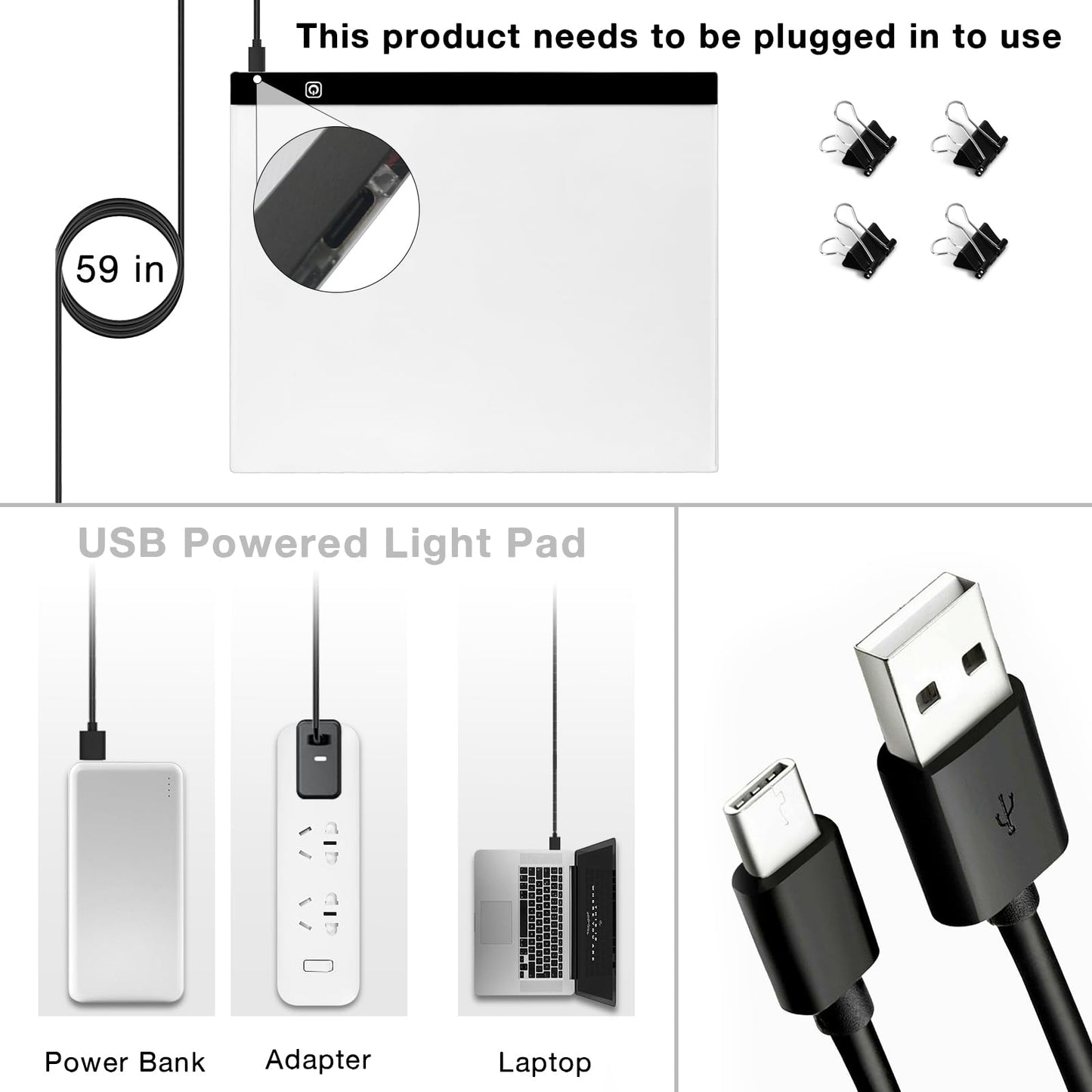 Funshot A3 Led Light Pad Tracing Light Box with USB Power Cable and 4 Fasten Clips,3 Levels of Brightness,Diamond Art Light Board,Sketching,Painting, Sketching,Tracing