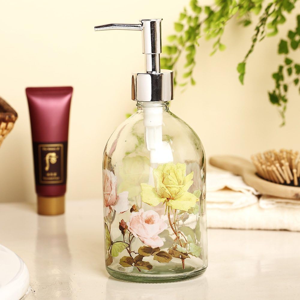 Glass Soap Pump Dispenser Floral and Butterfly, 17 Ounce by A Ting