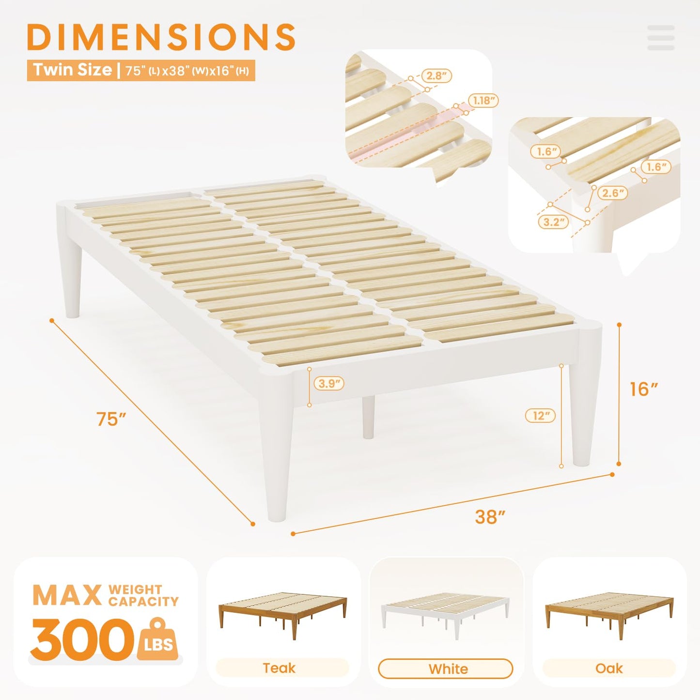 IOTXY Twin Platform Bed Frame - Solid Wood 16-Inch Height Mattress Foundation Base with Densely Slats and Heavy-Duty Support Legs, No Box Spring Needed, White