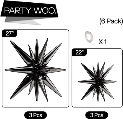 PartyWoo Black Star Foil Balloons - 6-Piece Set of 22-Inch Large Mylar Balloons for Space-Themed Celebrations
