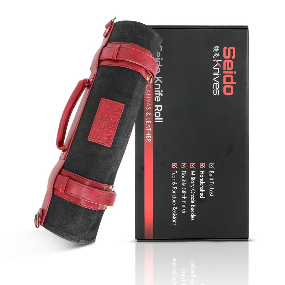 Seido Knives Professional Knife Roll Bag - Heavy Duty Canvas & Leather, Holds 18 Knives and Culinary Tools Including 12 Large Knives, with 4 Slots for Utensils and 2 Large Meat Cleavers