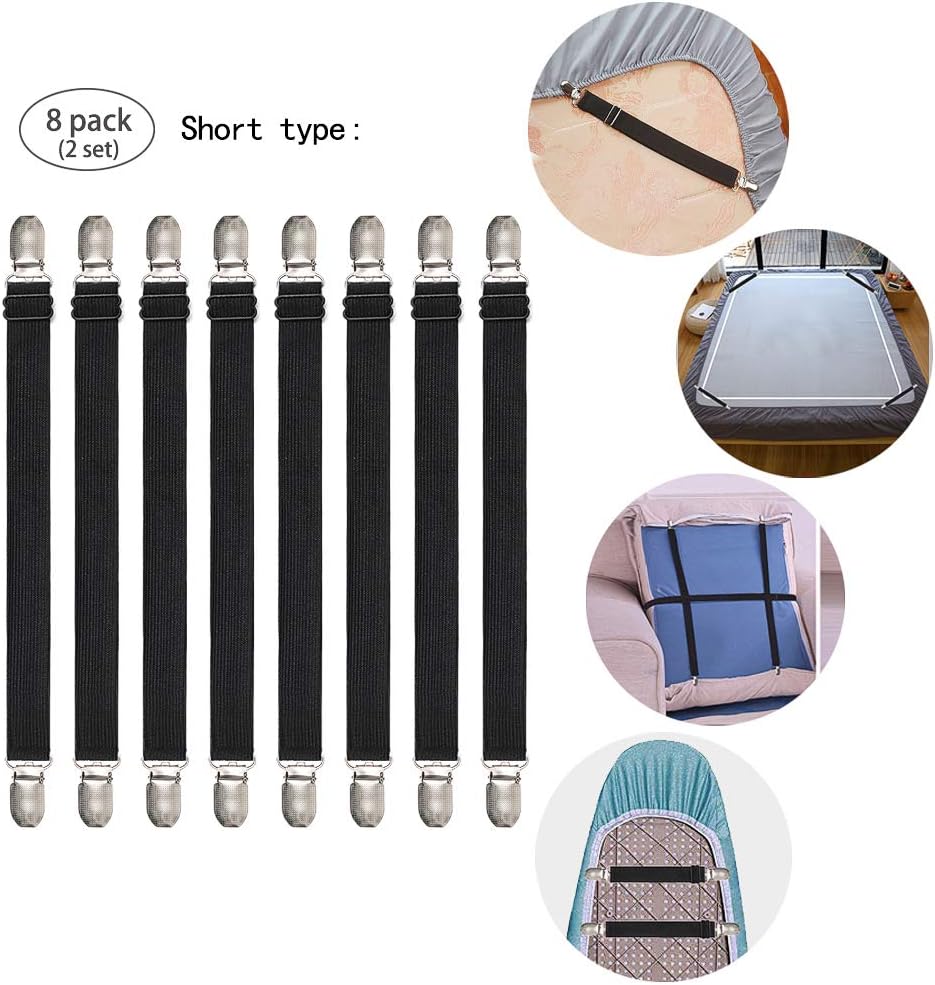 Adjustable Bed Sheet Straps, Elastic Sheet Fasteners Grippers Clips for Flat & Fitted Sheet Corner Holder, 8 Pack