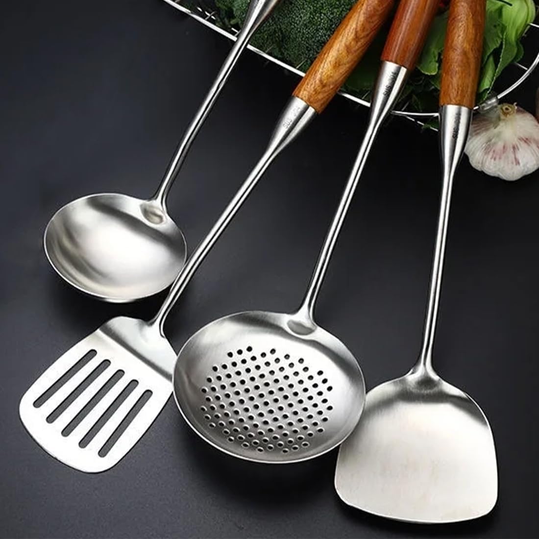 Stainless Steel Kitchen Utensil Set, 4 Pcs Cooking Cookware Set with Heat Resistant Wooden Hand