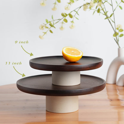 CEEFU 11 inch Rustic Acacia Wood Cake Stand - Natural Wooden Clay Wedding Cake Pedestal Serving Stand for Cupcake Dessert Bites Display in Party, Birthday, Beautiful Farmhouse Kitchen Decor