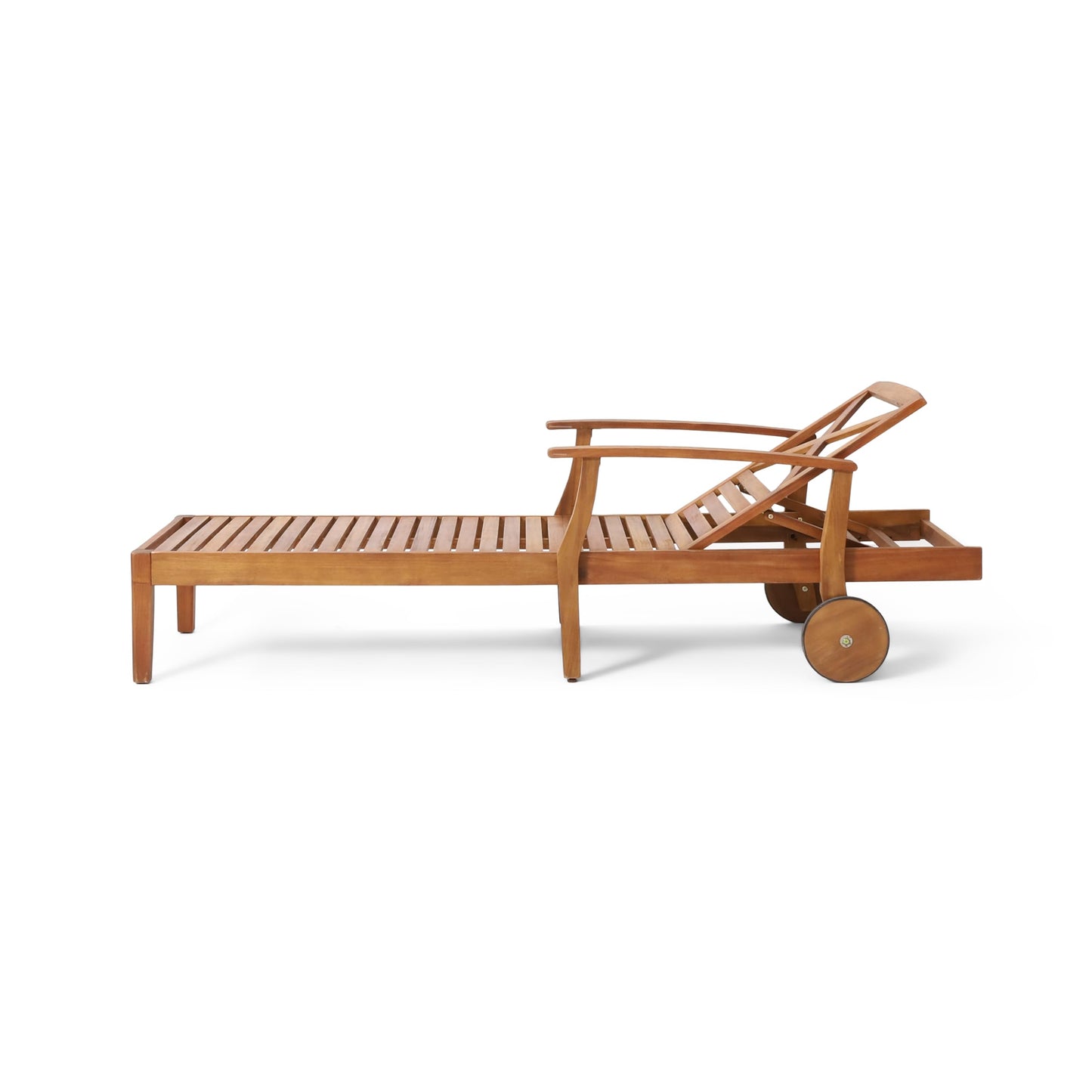 Merax Outdoor Chaise Lounge with Wheels & 5-Position Adjustable Backrest, Acacia Wood Pool Lounge Chairs Patio Loveseat Sun Tanning Chair, 79"x30"x22", Teak