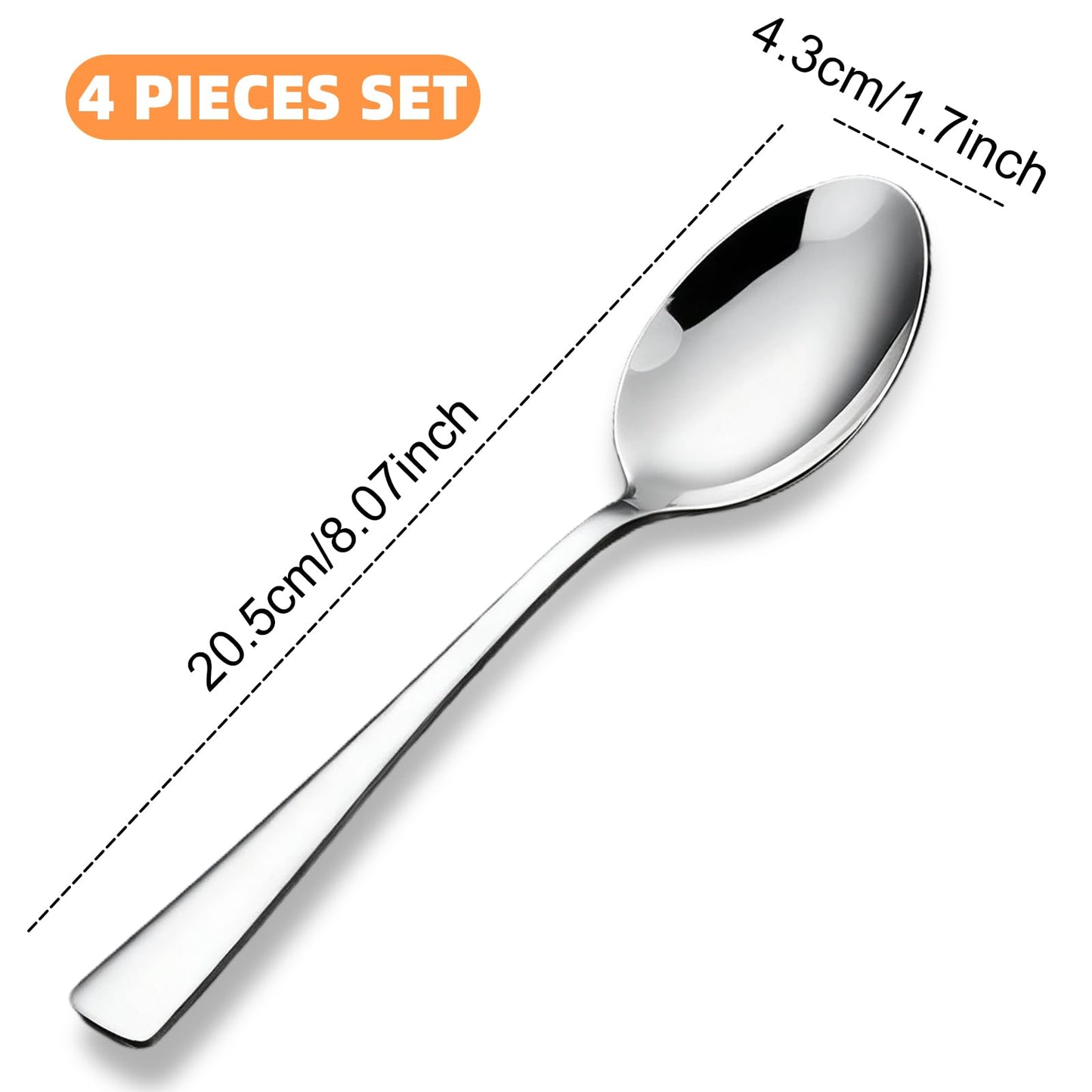 4-Piece Soup Spoons Set, 8.26" Stainless Steel Large Dinner Spoon with 5.5" Long Handle for Soup, Cereal, Dessert, Serving, Dishwasher Safe