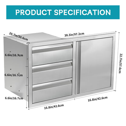 FORJAMINT Outdoor Kitchen Door Drawer Combo Cabinet,38.1W x 22.6H x 20.8D Stainless Steel with Handles,Triple Drawers & BBQ Access Combo for Outdoor Kitchen Island (Drawer and Right Door Combo)