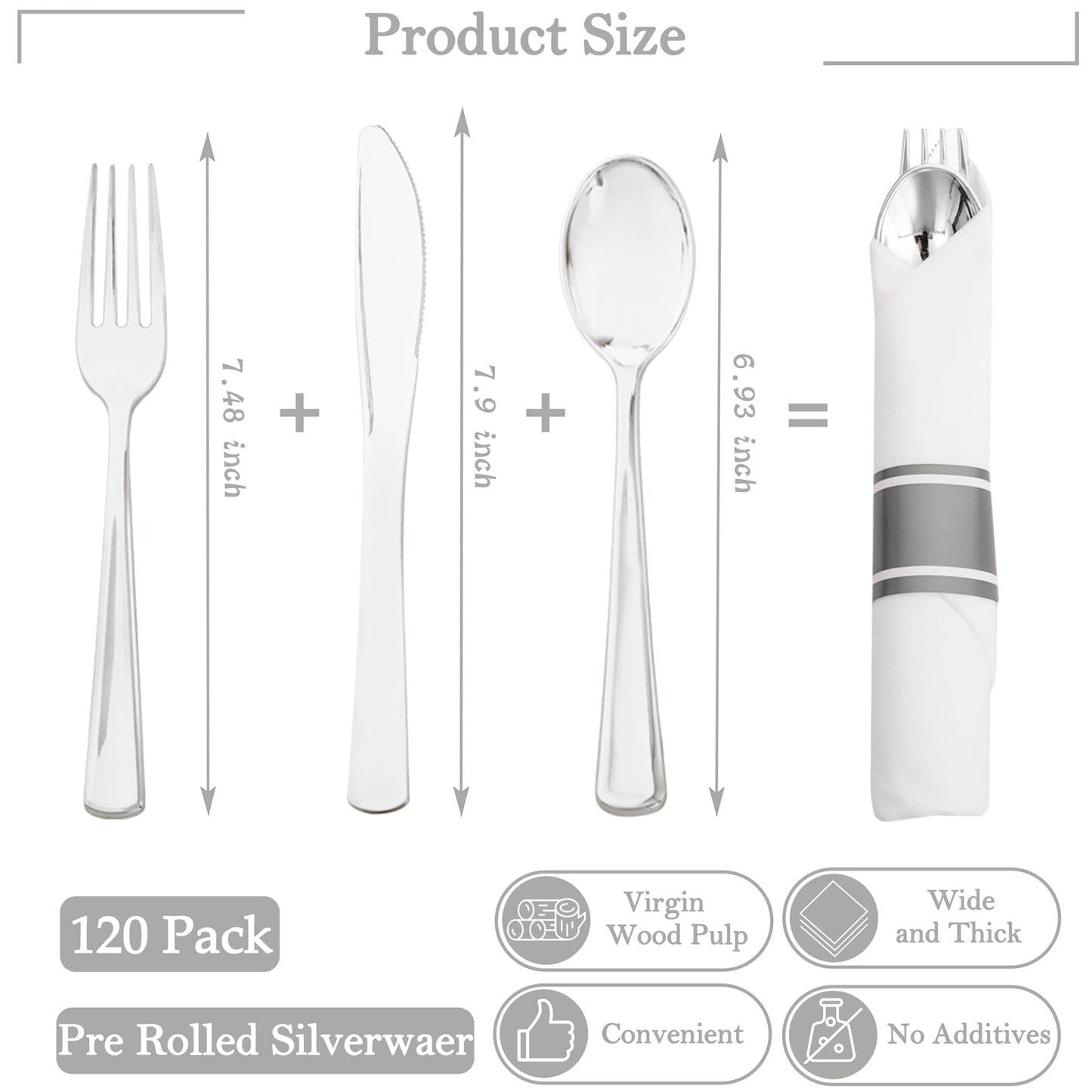 Supernal 120pack Silver Plastic Silverware,Rolled Plastic Silverware,Pre Rolled Napkins with Cutlery Set,Wrapped Disposable Cutlery Set with Napkin Perfect for Mother's Day, Birthday, Wedding,Catering