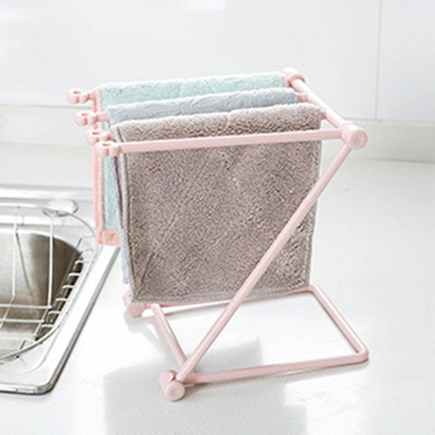 Countertop Dishcloth Drying Rack, 4 Arms Folding Holder for Kitchen Rag Storage, Vertical Stand (Light Pink)