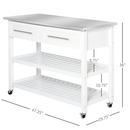 HOMCOM Kitchen Island with Stainless Steel Top, Traditional Kitchen Island with Storage, Butcher Block Cart 2-Tier Open Shelves, Drawers, White