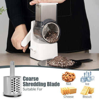 Maxceysen Safe Vegetable Mandoline Slicer Large Multifunctional Rotary Cheese Grater Hand Crank Easy Rotating Veggie Shredder Anti-Cutting, 3 Interchangeable Blades (WhiteGrey)
