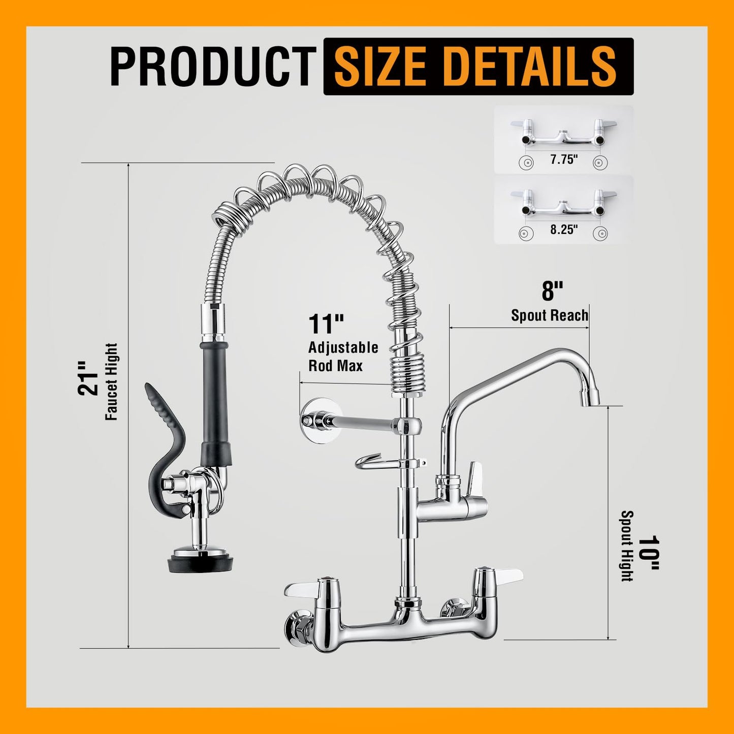 GIMILI Commercial Sink Faucet with Sprayer, 21" Height 8 Inch Center Pull Down Wall Mount Faucet for Restaurant, Kitchen, Industrial, Farmhouses Sink