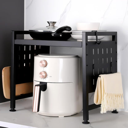 Extendable 2 Tier Microwave Oven Rack - Adjustable Shelf for Kitchen Countertop with 4 Hooks and Pot Lid Support