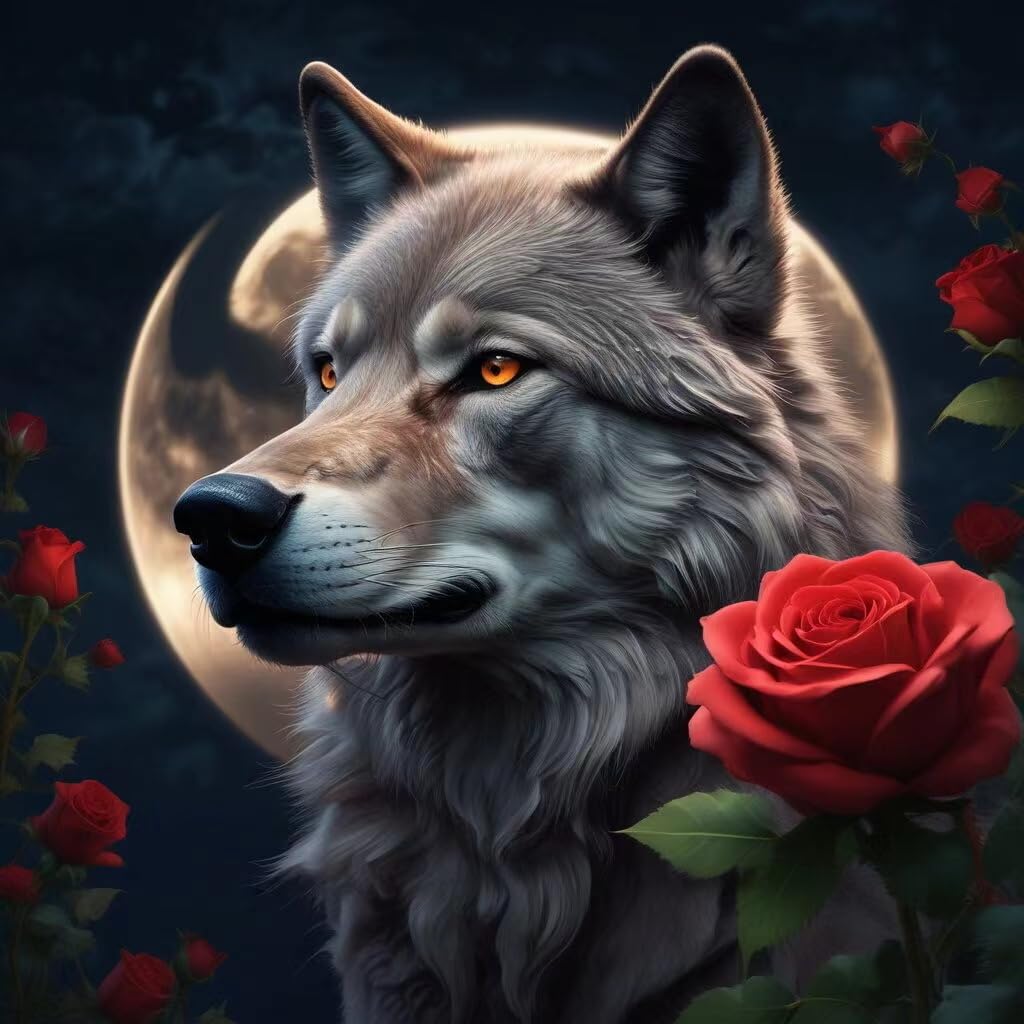 Lvmuu Diamond Art Kits for Adults Wolf Under Moon Red Rose, 5D DIY Full Square Drill Diamonds Painting Art Sets Paint By Numbers Art Craft Home Decor 16x16in