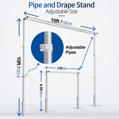 Qoolfoto 10x10ft Pipe and Drape Backdrop Stand, Double Crossbar, Heavy Duty Adjustable Background Frame with Metal Base for Parties Photography Wedding Photoshoot Decoration