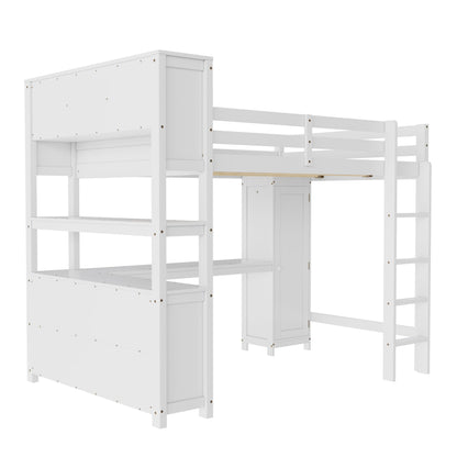 Bellemave Solid Wood Queen Size Loft Bed with Desk and Wardrobe,Loft Bed Frame with Storage Shelves and Bookcase for Kids,Teens,Adults,Queen Size,Space Saving,White