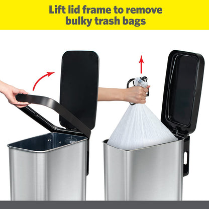 Glad Slim Trash Can with Clorox Odor Protection - Narrow Kitchen Garbage Bin with Soft Close Lid, Step On Foot Pedal and Waste Bag Roll Holder, Stainless Steel, 12 Gallon/45 Liter