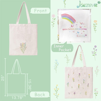 Kazova Floral Cotton Canvas Tote Bag, Aesthetic Flower Tote Minimalist Reusable Bag with Handles