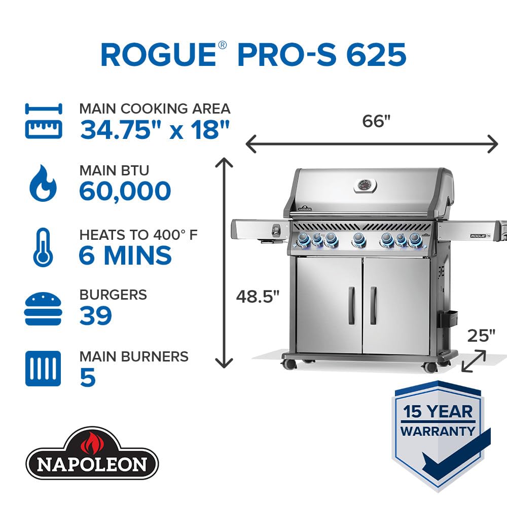 Napoleon Rogue PRO-S 625 Propane Gas Grill with Infrared Side and Rear Burners, Stainless Steel, Durable 7-Burner Ultimate Grilling Experience