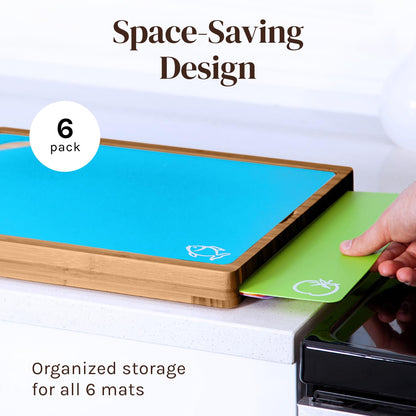Cooler Kitchen Bamboo Wood Cutting Board Set with 6 Color Coded Flexible Plastic Chopping Mats with Food Icons, Wooden Cutting Boards for Kitchen, Wooden Chopping Board Non Toxic Dishwasher Safe