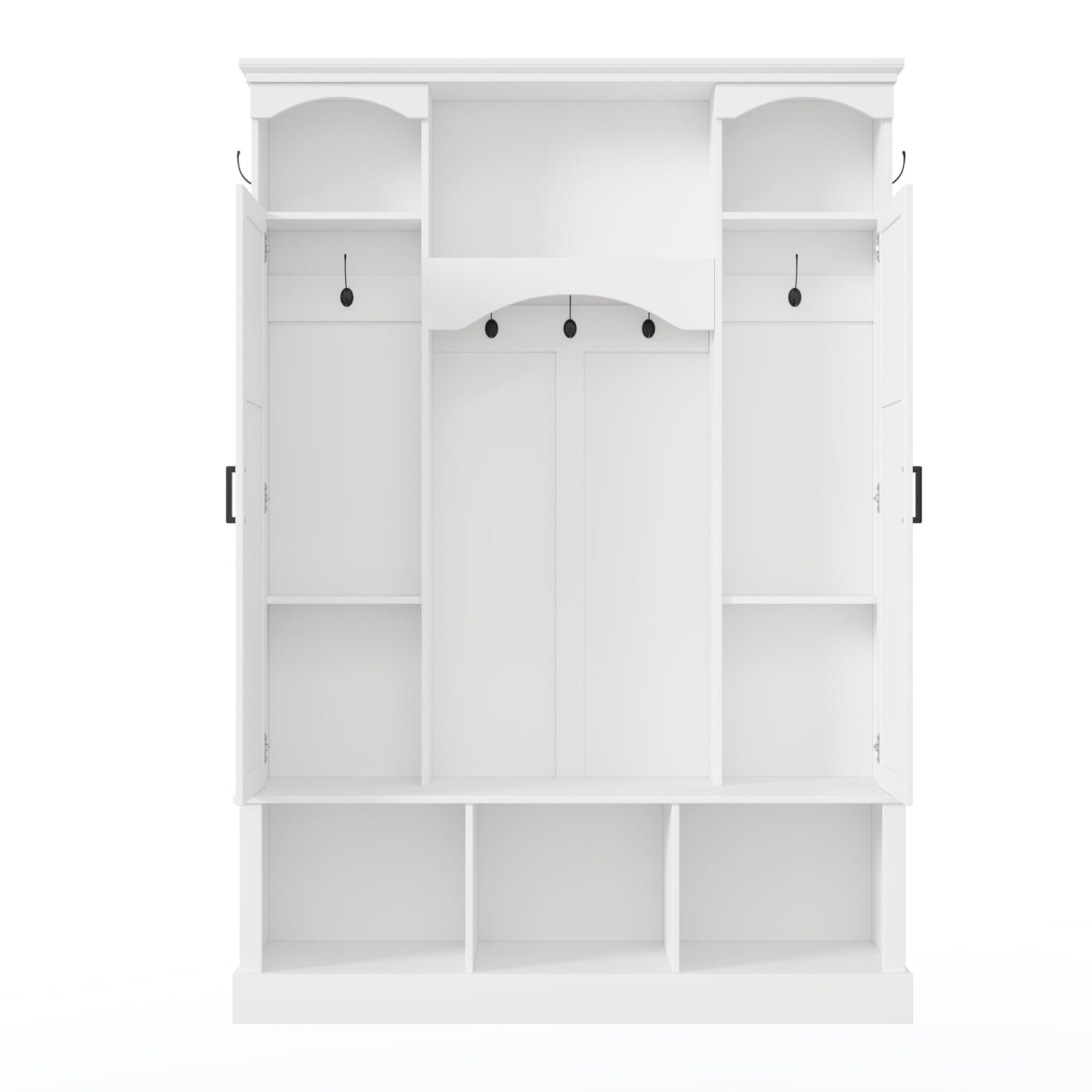 Merax Hall Tree with Bench and Shoe Storage 77.3" Tall with Adjustable Shelves, Modern All-in-One Entryway Bench with 2 Side Cabinets & 7 Hooks, Elegant Arched Design, 55.1"L x 15.7"W (White)