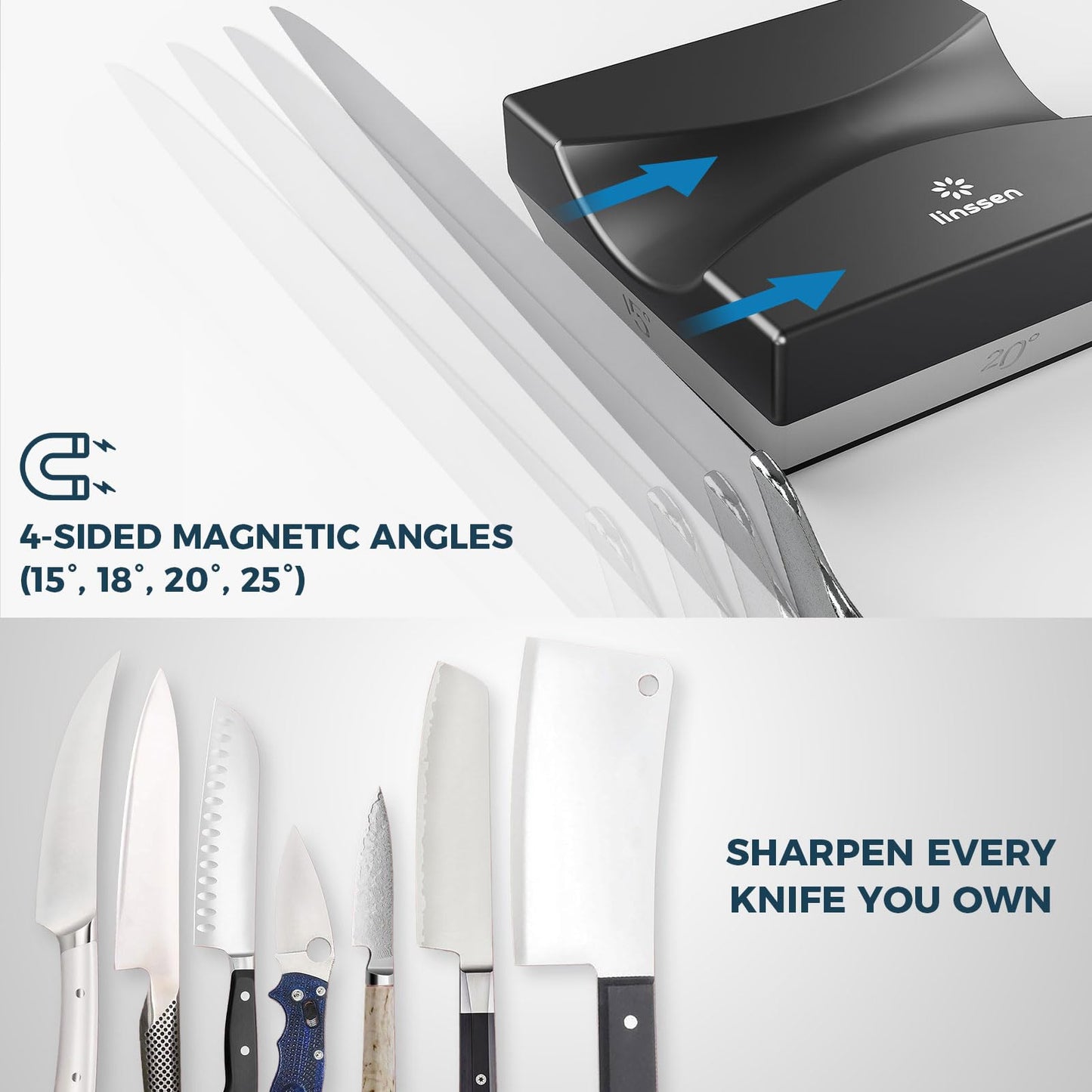 LINSSEN Rolling Knife Sharpener Kit, Aluminum Alloy Knife Sharpening System with Magnetic Base, Premium 4 Sharpening Angles Knife Sharpener Set with Industry Diamonds for All Chef and Kitchen Knives