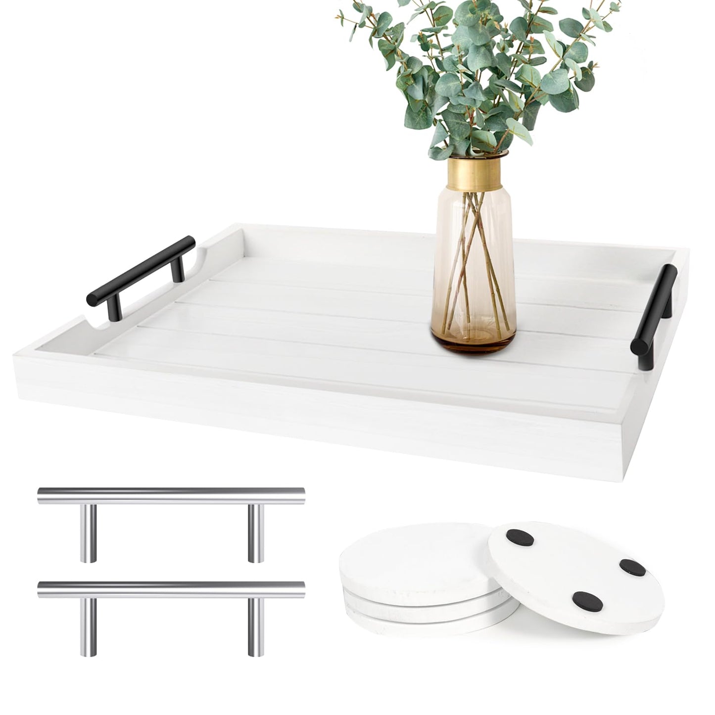 SXNOWS Coffee Table Tray - Large Ottoman Tray for Living Room - Wood Serving Tray with 2 Sets of Handles - Wooden Tray for Coffee Table, 4 Round Coasters Included, White