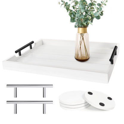 SXNOWS Coffee Table Tray - Large Ottoman Tray for Living Room - Wood Serving Tray with 2 Sets of Handles - Wooden Tray for Coffee Table, 4 Round Coasters Included, White