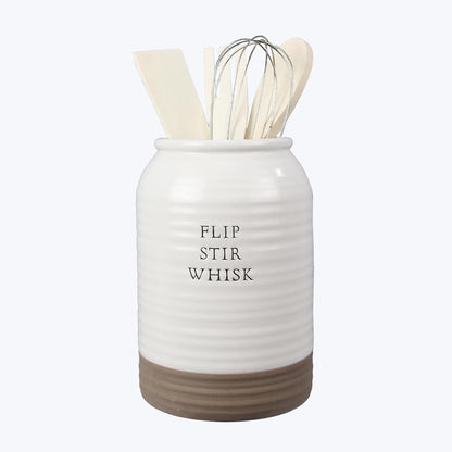 Young's Inc Ceramic Utensil Kitchen Caddy - w/ 4 Utensils - Flip Whisk, Stir - Farmhouse Country Decor