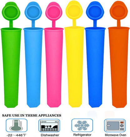 Wpunwen Silicone Ice Pop Mold with Lids, 6 Pcs Reusable Popsicle Molds, Durable Pure Color with Clean Brush