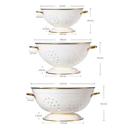 Metal Colander Set of 3, Strainer Basket with Handles perfect for Spaghetti, Pasta, Berry, Vegetable, Fruit, Solid Base Powder Coated Kitchen Essential Strainer Set, 1 & 3.5 & 5 Qt (Cream)