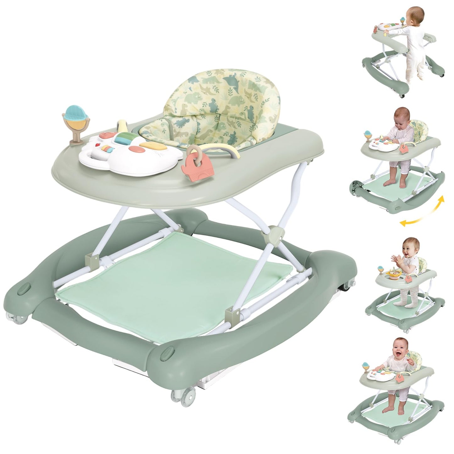 5 in 1 Foldable Baby Walker,Activity Baby Walker-Baby Bouncer,Rocker,Activity Center,Seat and Push Walker,Detachable Footrest Mat,Adjustable Speed Rear Wheels and Height,Ages 6-18 Months (Light Green)