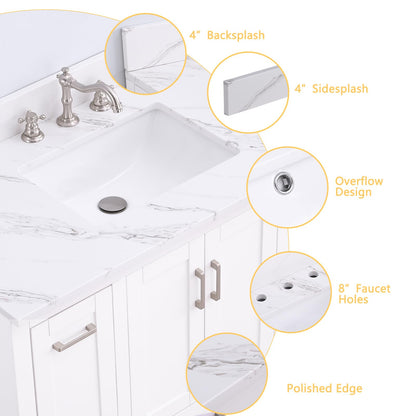 Dornberg 42"x22" Quartz Ocean White Bathroom Vanity Top, with Undermount Middle Sink Vanity Top,with One Sidesplash & One Backsplash,8 Inch Faucet Hole Spread Bathroom Vanity Sink Countertop