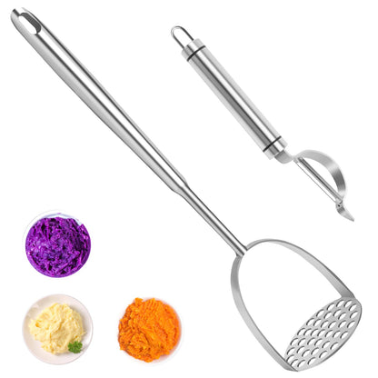 VOOVAO 2Pcs Long Handle Large Potato Smasher with Peeler,Mashed Potato Masher,Stainless Steel Masher Kitchen Tool for Bean,Vegetable,Food,Fruit,Salad