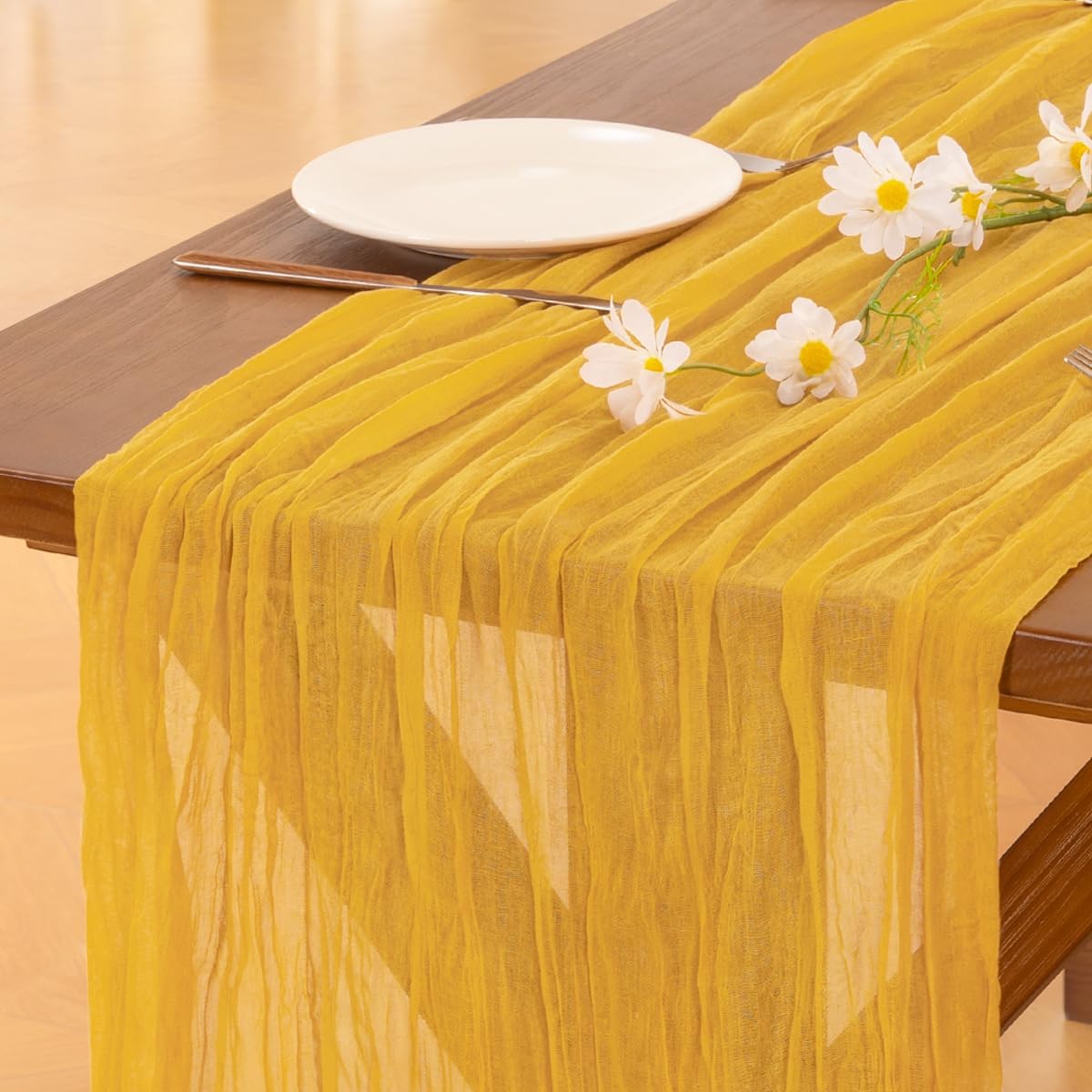 Socomi Gold Yellow Cheesecloth Table Runner - 120 Inch Boho Rustic Decor for Weddings & Events