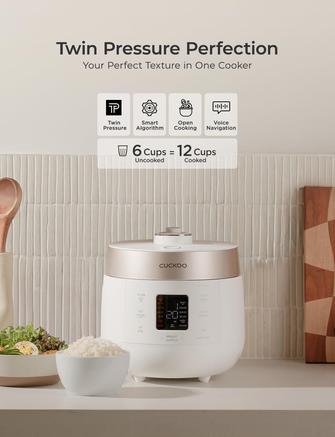 CUCKOO Twin Pressure Rice Cooker 6-Cup Uncooked / 12-Cup Cooked with Nonstick Inner Pot, Versatile Rice Maker & Warmer with 16 Menu Options, Open Cooking Mode, Voice Guide, White (CRP-ST0609FW)
