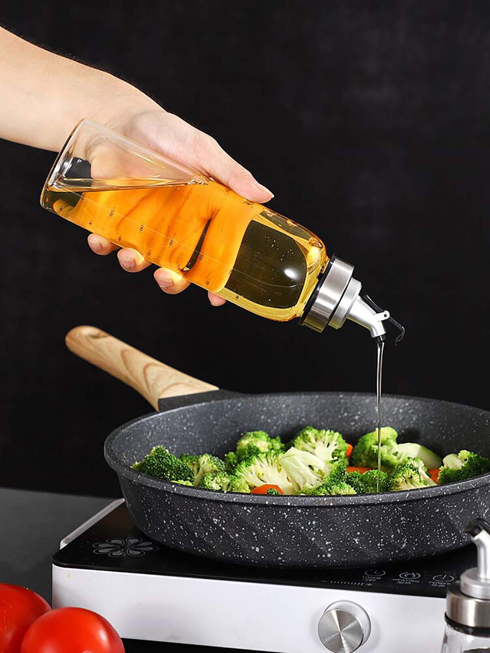 Olive Oil Dispenser Bottle, Liquid Condiment Container, 10 Oz Vinegar Dispensing Cruets With Dripless Capped Spout, Glass Decanter for Kitchen with Degree Scale