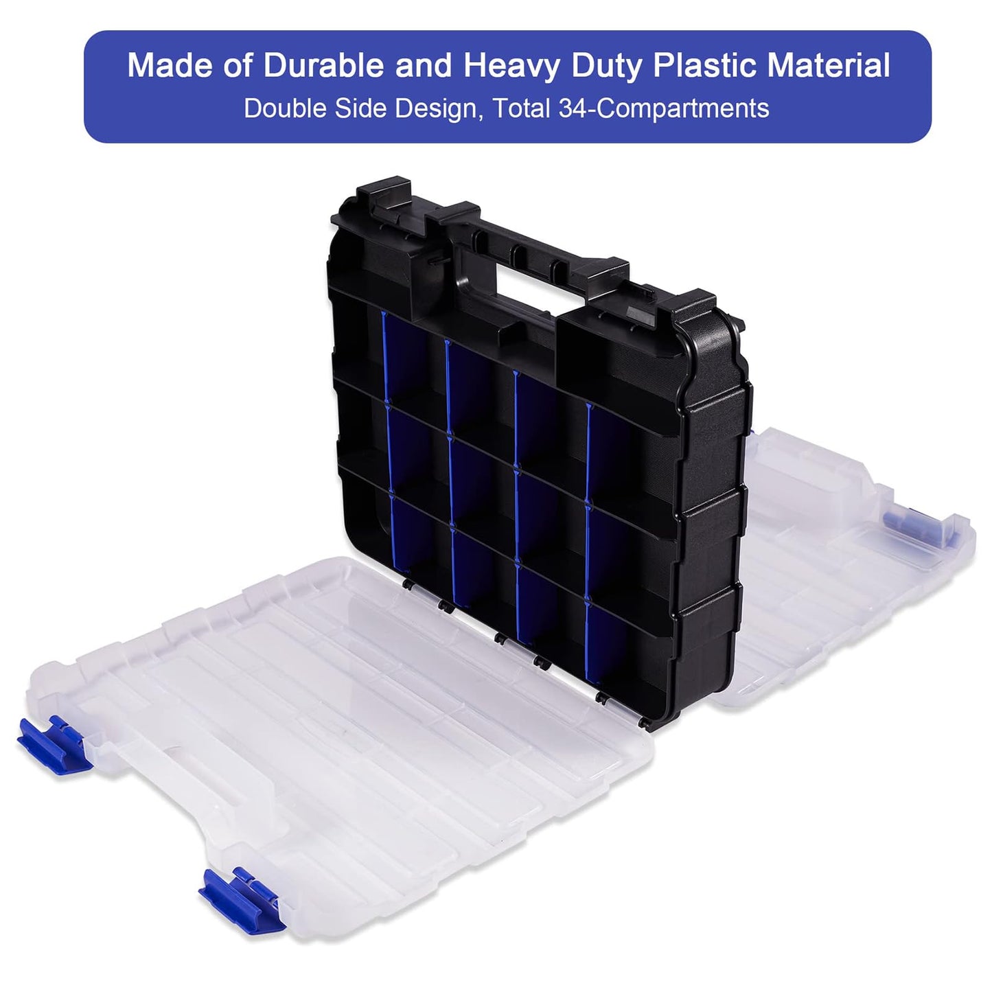 AIDY-PRO Small Parts Organizer Box Storage Case Tools Box Organizer Double Side 34 Compartments Hardware Organizers with Removable Plastic Dividers for Screws Nuts Nails Bolts, 2 Pack