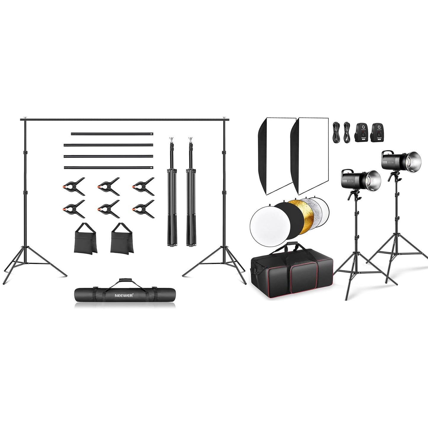 NEEWER Photo Studio Backdrop Support System + S102-400W PRO Flash Lighting Kit (2 Pack) with Light Stands, Bowens Mount Softboxes, 5 in 1 Reflector, Bag, Background Stand with Max Load 8.8lb/4kg