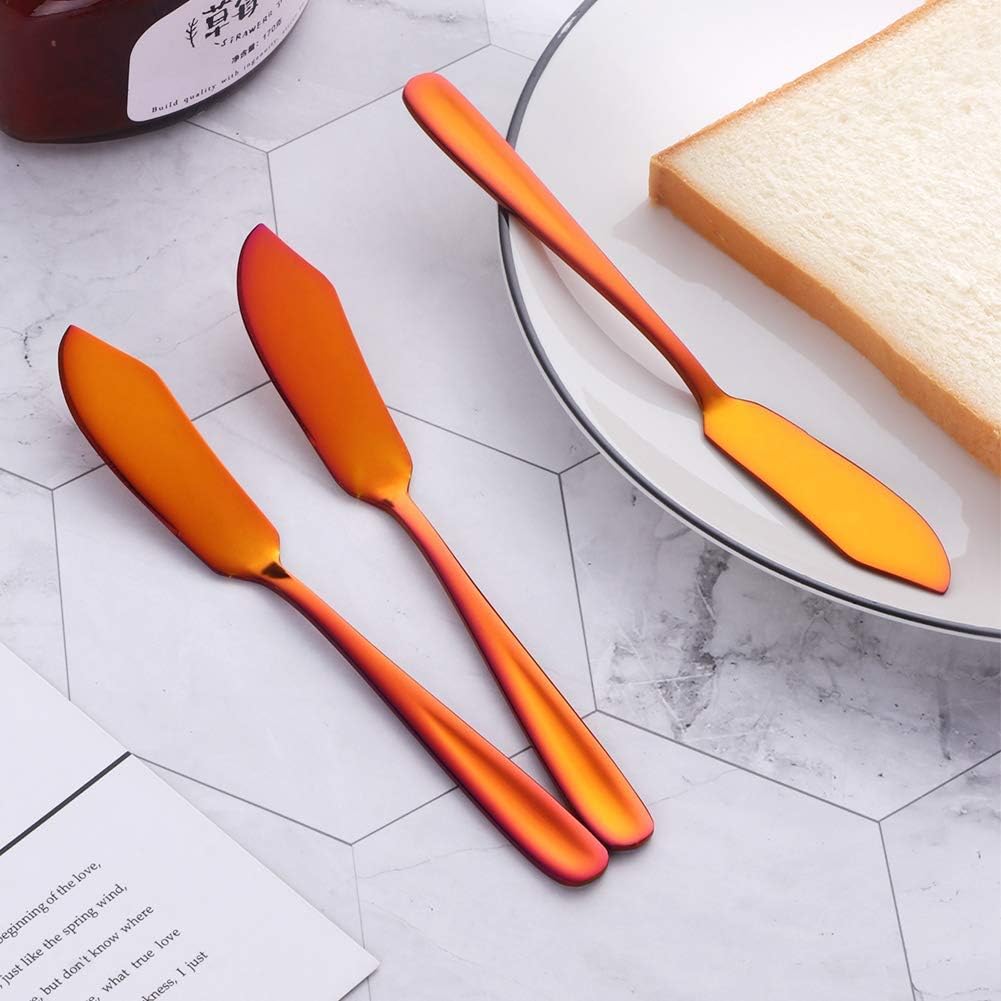 Stainless Steel 18/10 Cheese Desert Knives - Set of 4, Gold Breakfast Butter Knife, Slicer Sandwich Spreader (Magic Red)