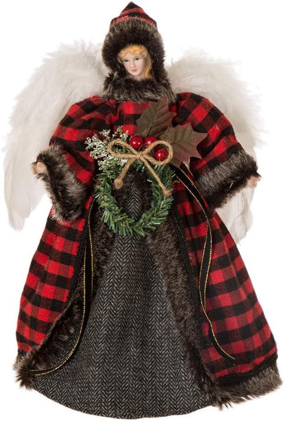 Glitzhome Handmade Plaid Angel Figurine Christmas Treetop Ornament, 12" H, Red & Black
