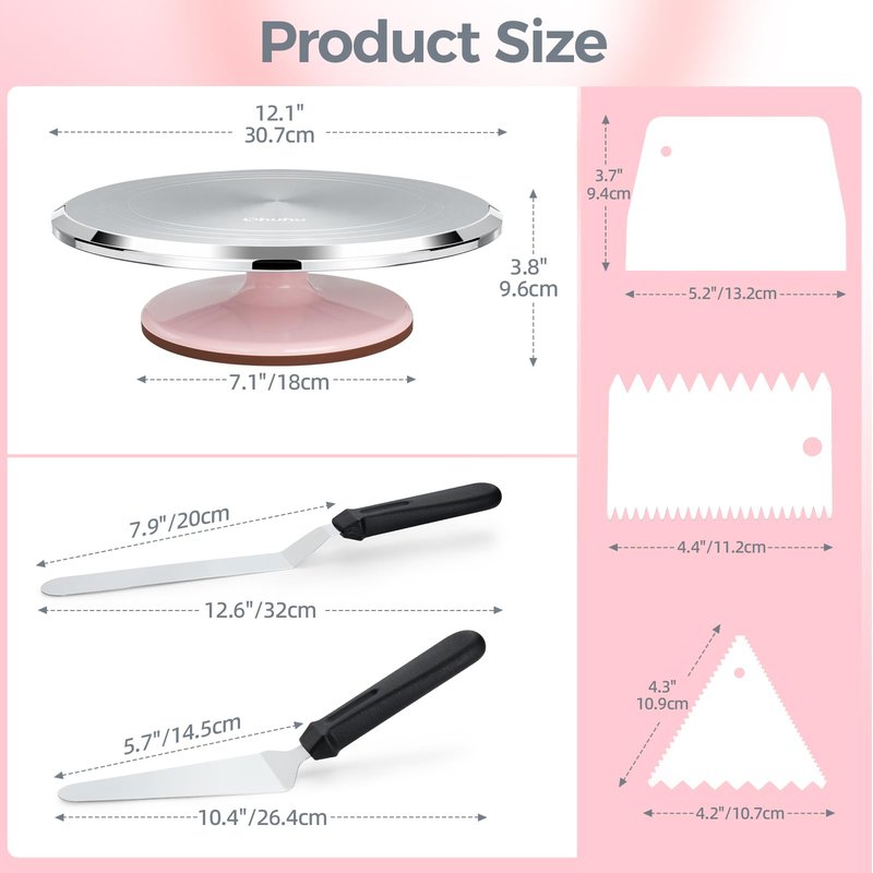 Ohuhu Cake Turntable, Aluminium 12'' Cake Decorating Kit Supplies Rotating Stand Revolving Spinner with 2 Icing Spatula 3 Comb Smoother Perfect Gifts