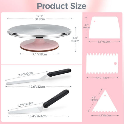 Ohuhu Cake Turntable, Aluminium 12'' Cake Decorating Kit Supplies Rotating Stand Revolving Spinner with 2 Icing Spatula 3 Comb Smoother Perfect Gifts