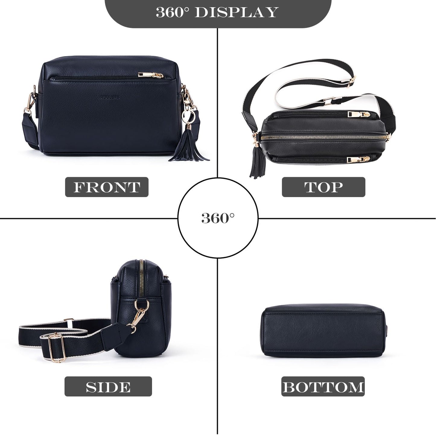 Roulens Triple Zip Small Crossbody Bag for women,Wide Strap Cell Phone Purse Shoulder Handbag Wallet with Credit Card Slots