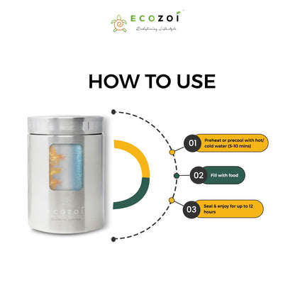 ecozoi Stainless Steel Insulated Lunch Box, Vacuum Insulated Food Jar, 17 Oz + Spork + Lunch Bag