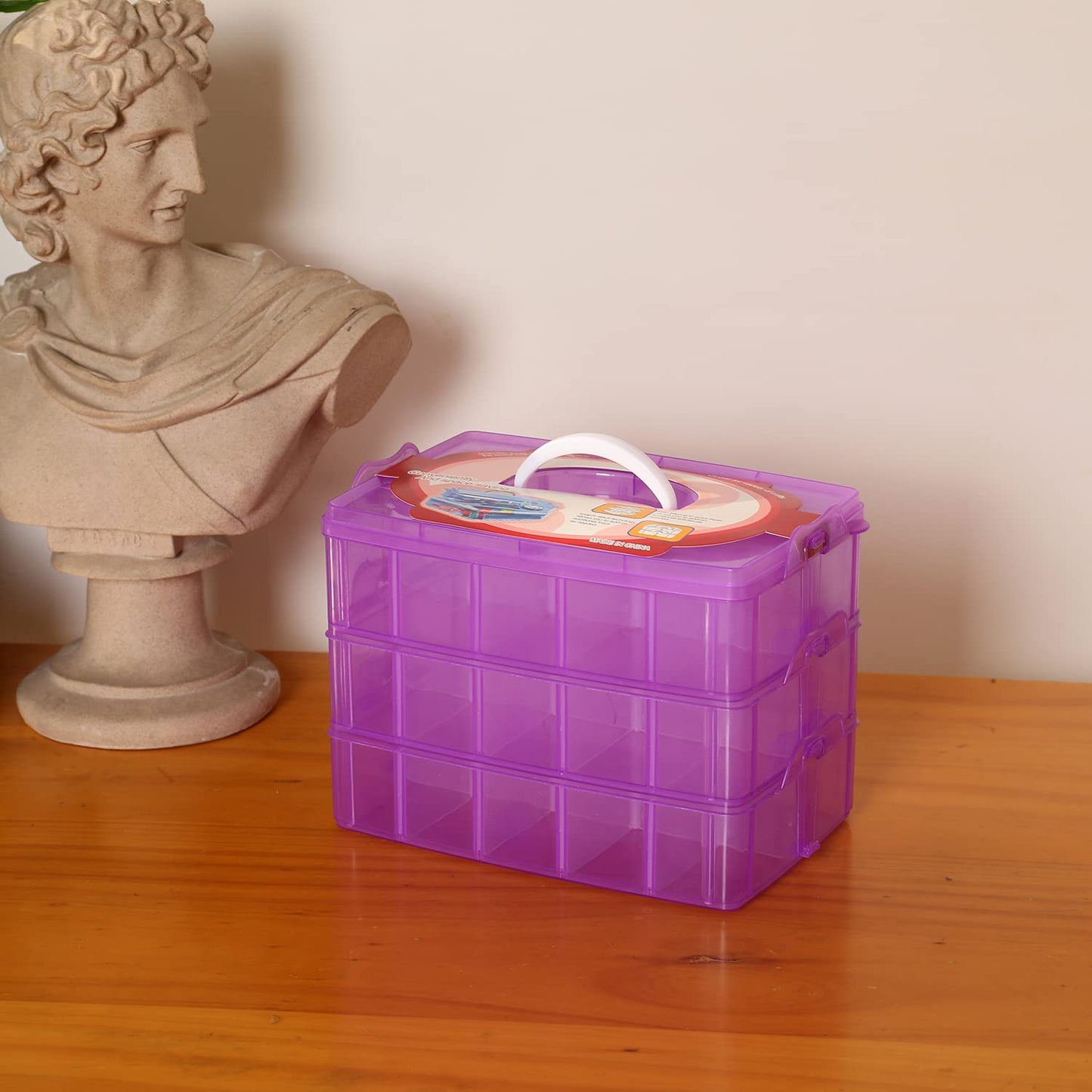 Sooyee 3-Tier Bead Organizer, Stackable Craft Storage Containers with 30 Adjustable Compartments for Washi Tape, Toy, Hair Accessories, Art Supplies, Fishing Tackle, Purple, 10" L x 6.7" W x 7" H
